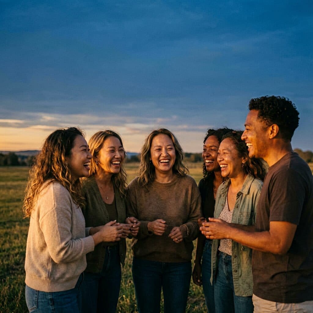 A circle of friends laughing together outdoors at golden hour