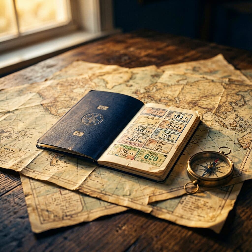 A passport resting on vintage maps beside a brass compass