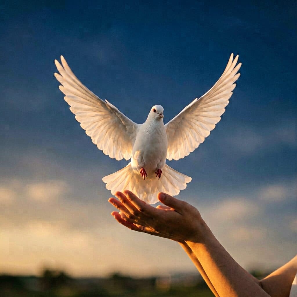 Hands releasing a white dove over the sea